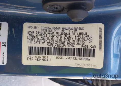 2013 Toyota Corolla S from USA, damaged, VIN 5YFBU4EE3DP116894